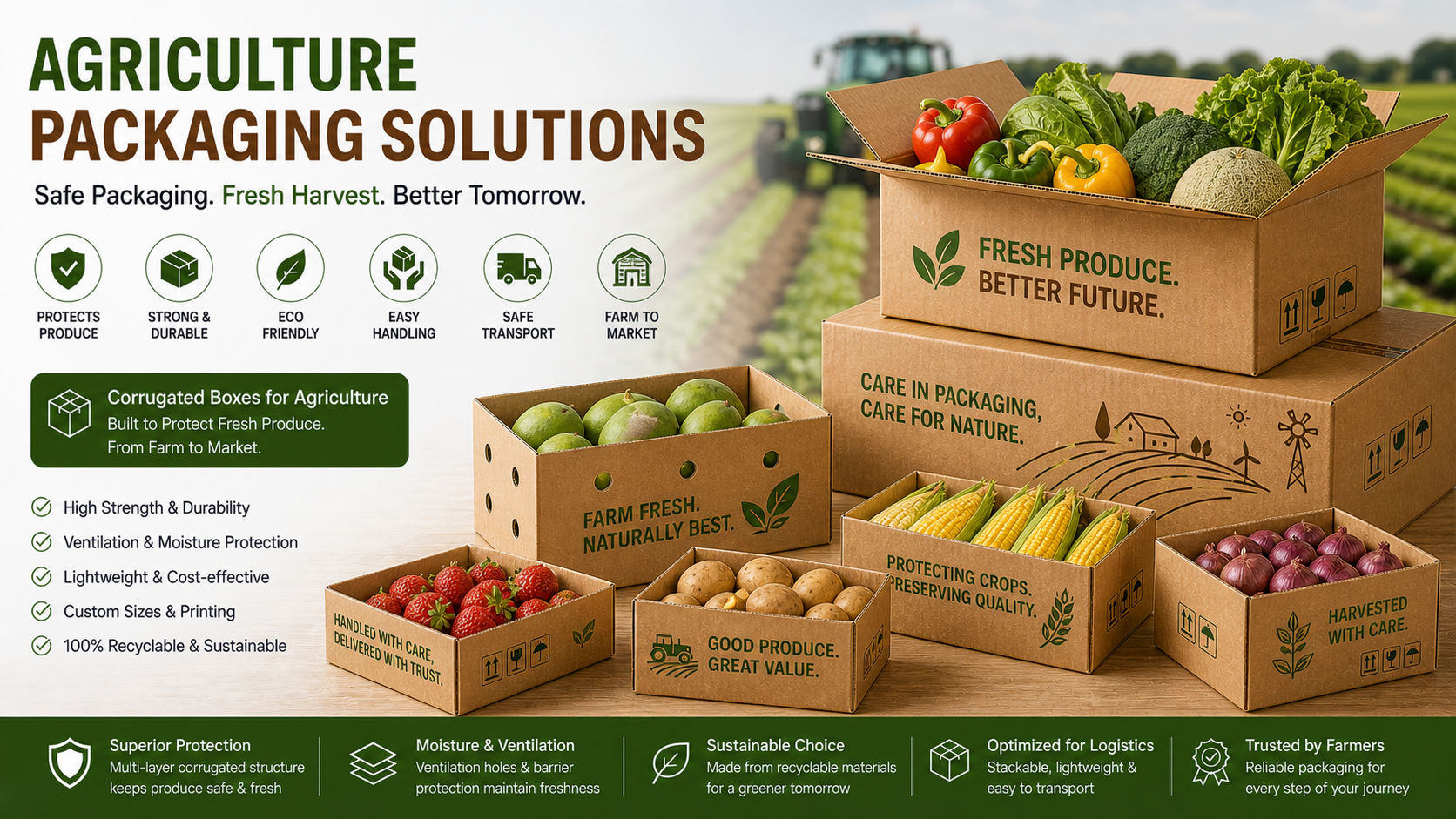 Graphic showing cardboard produce boxes with fruits and vegetables, titled &ldquo;Agriculture Packaging Solutions&rdquo;