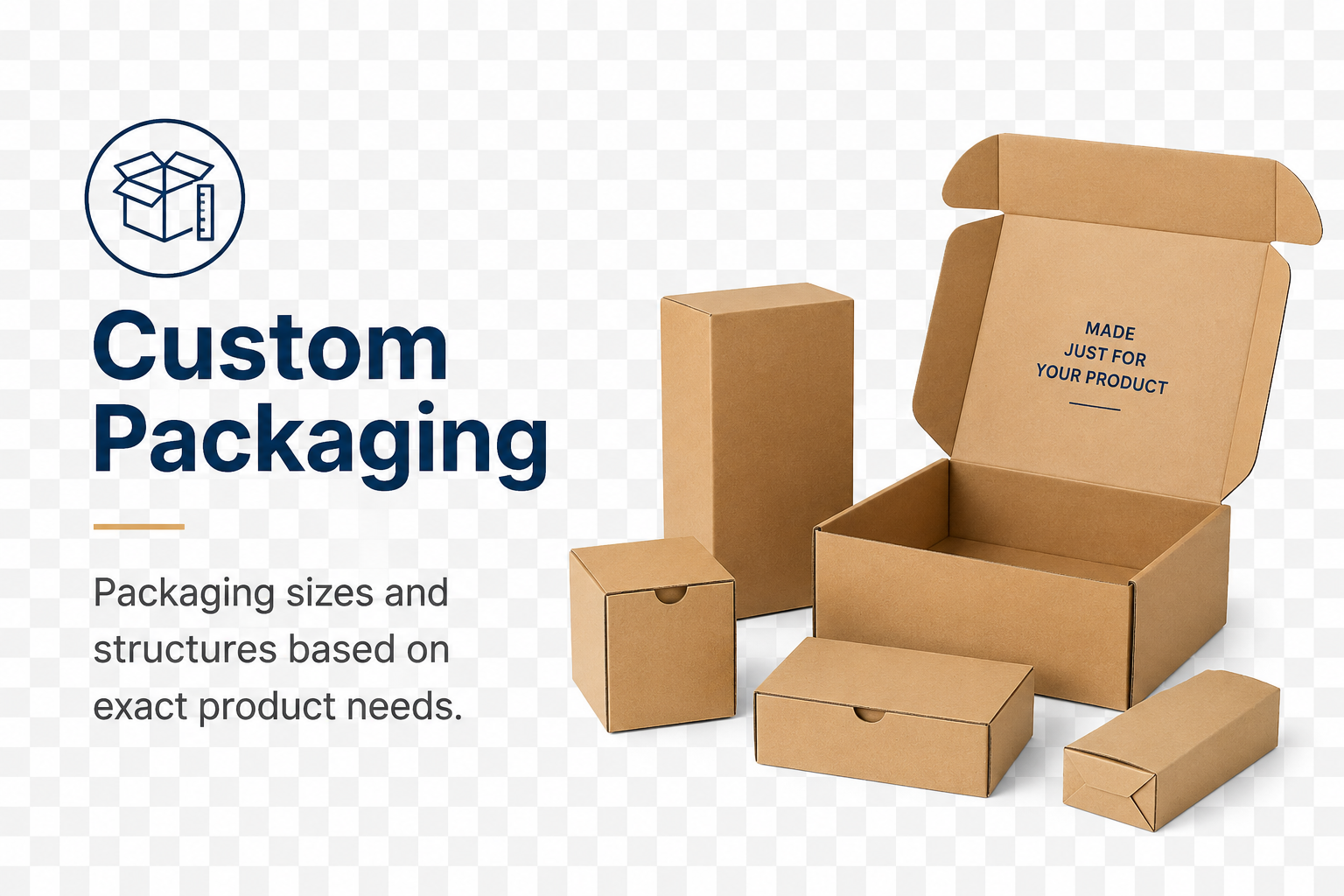 Set of various brown custom packaging boxes arranged on a transparent background.