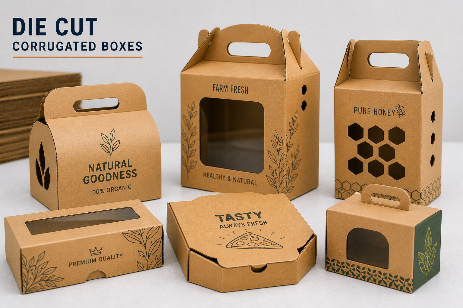 Five natural goods packages: cardboard boxes, carry bags, and a pizza-style box on white background
